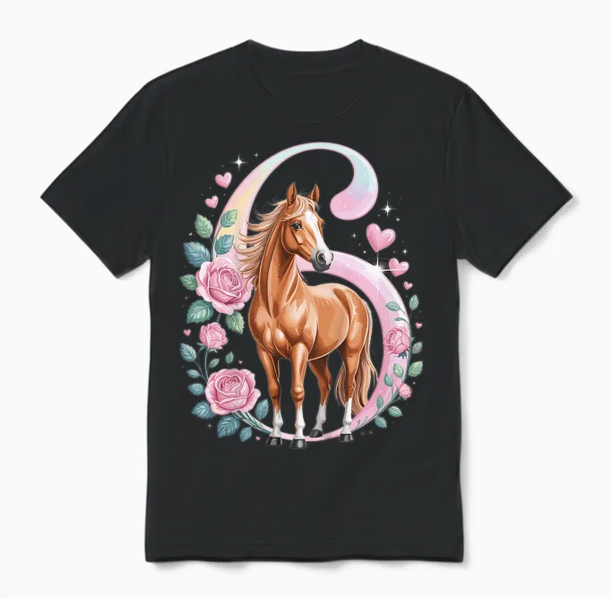 6th Birthday Horse Girl 6 Years Horse Decoration Riding Pony Unisex T-Shirt in Black