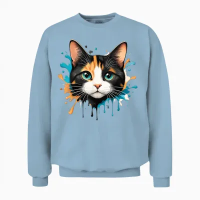 Motif Visage De Chat Splash Drip Pet Lover Kitten Parent Style Mignon Unisex Sweatshirt - Light Blue