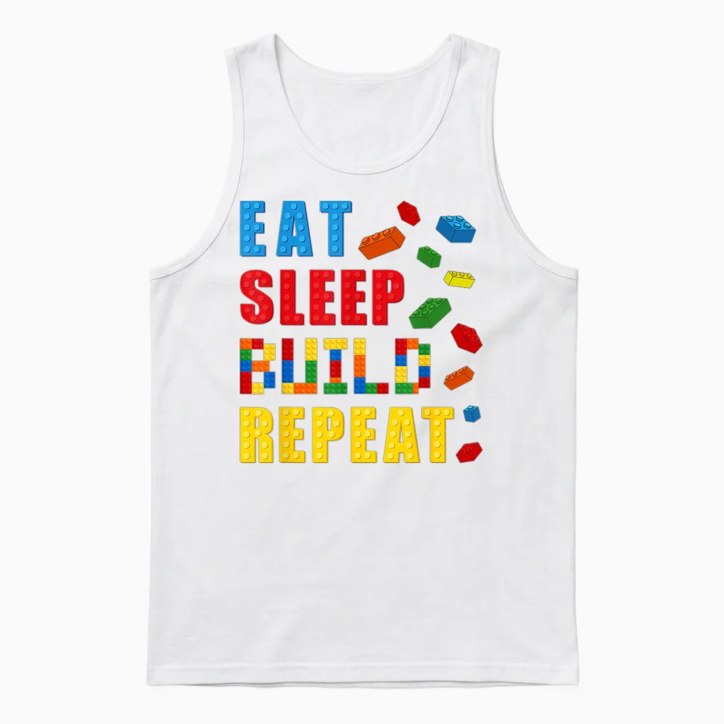 Eat Sleep Build Repeat Building Bricks Blocks Builder Boys Unisex Tank Top in White