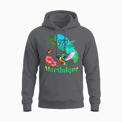 Martinique 972 Hummingbird Hibiscus Coconut Tree Men's Women's Child T-Shirt, Black, S Unisex Hoodie - Charcoal