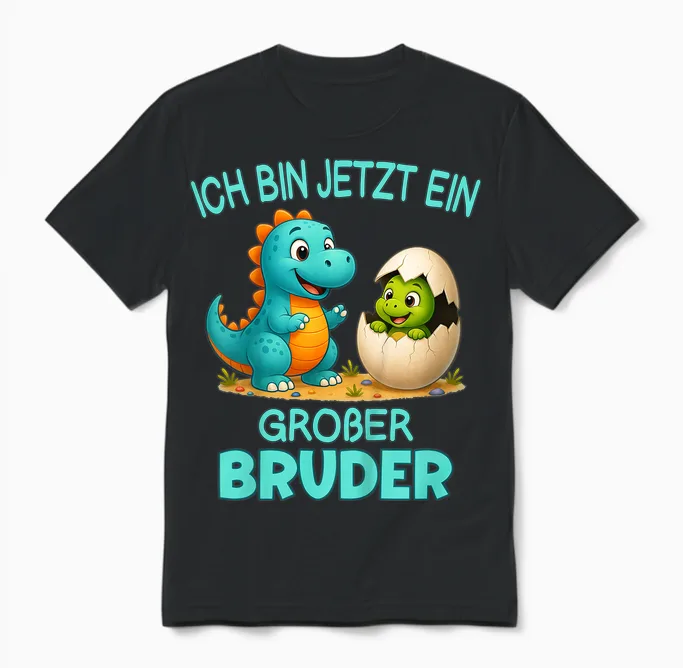 Children's T-Shirt with German Text "ich Bin Jetzt Ein Großer Bruder Dinosaur" Motif Unisex T-Shirt in Black