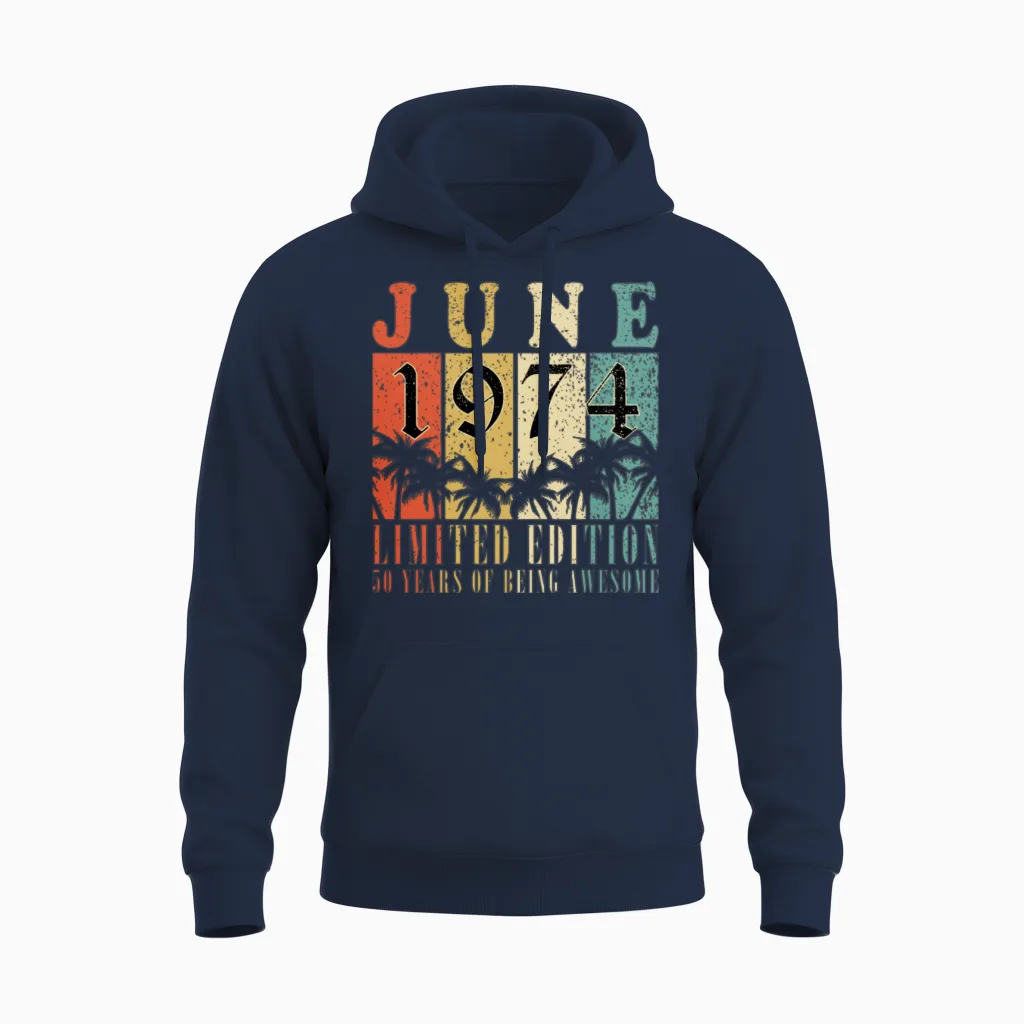 June 1974 Vintage Birthday Present Unisex Hoodie in Navy