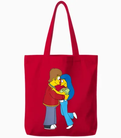 The Simpsons Flashback Homer & Marge Valentine's Day Couple T-Shirt, Black, S Tote Bags - Red