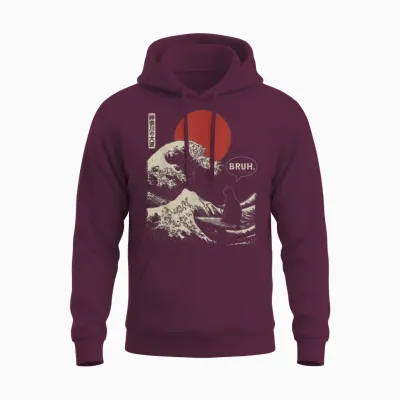 Bruh. the Great Wave Kanagawa Funny Japanese Surfing Cat Unisex Hoodie - Maroon