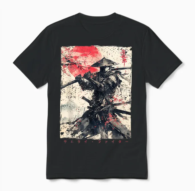 Japanese Samurai Warrior Ukiyo Ink Artwork Samurai Unisex T-Shirt in Black