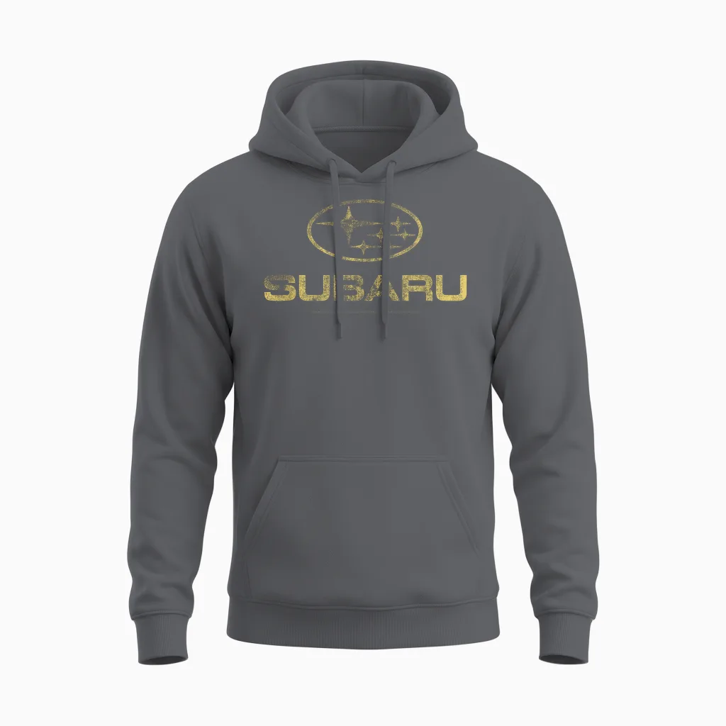 Subaru Distressed Star Logo in Yellow Car Company Unisex Hoodie in Charcoal