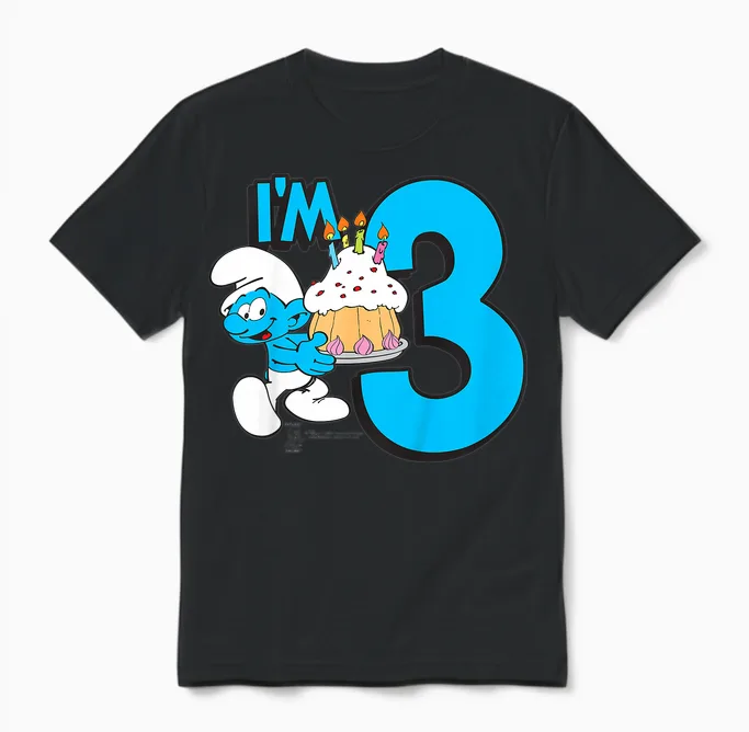 Kinder the Smurfs Schlumpfe Birthday I'm 3 Unisex T-Shirt in Black