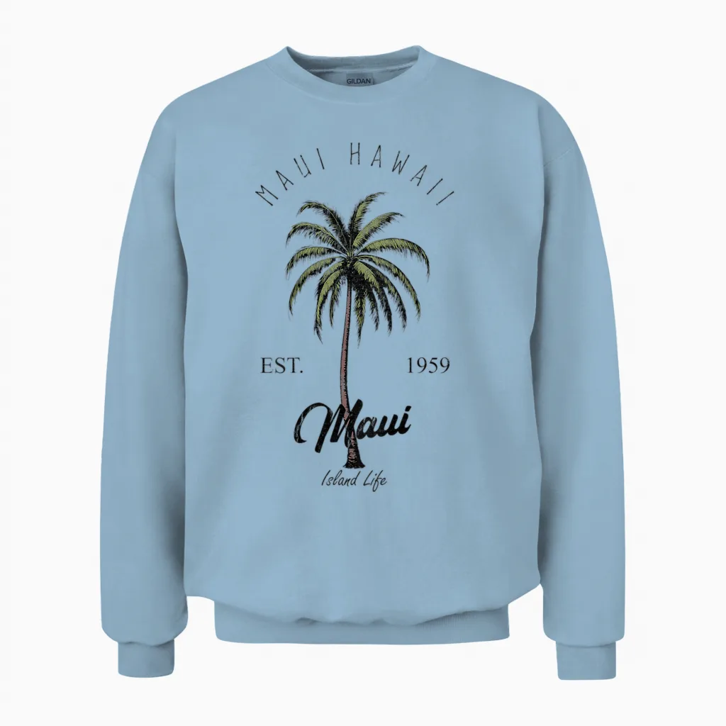Maui Hawaii Tropical Tree Beach Urlaubsstimmung Auf Der Rückseite Unisex Sweatshirt in Light Blue