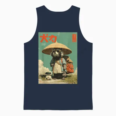 Vintage Retro Japanese Geeky Raccoon Hiking with Robot Unisex Tank Top - Navy