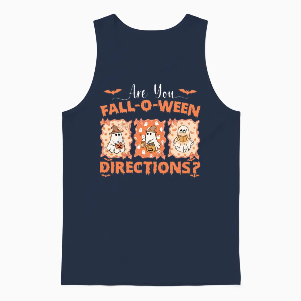 Cozy Are You Fall-O-Ween Directions Funny Ghost Unisex Tank Top in Navy