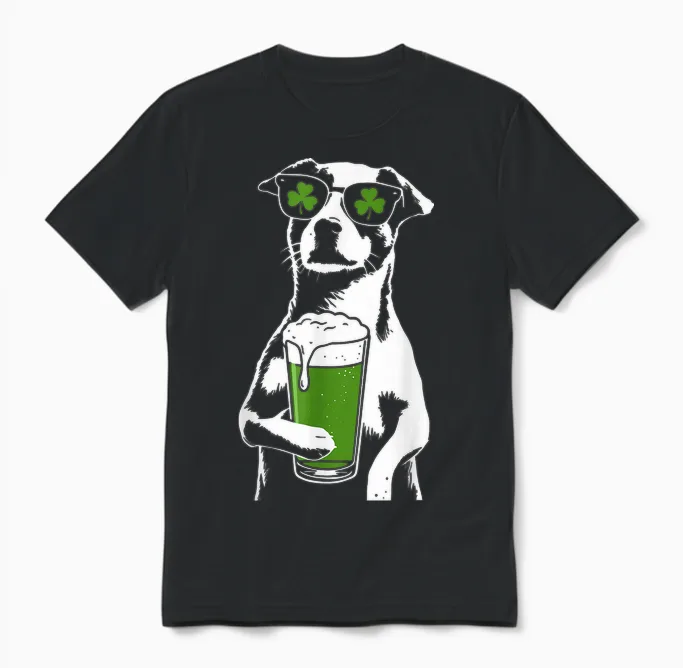 Dog Beer St Patty's Shamrock Funny St. Patrick's Day Unisex T-Shirt in Black