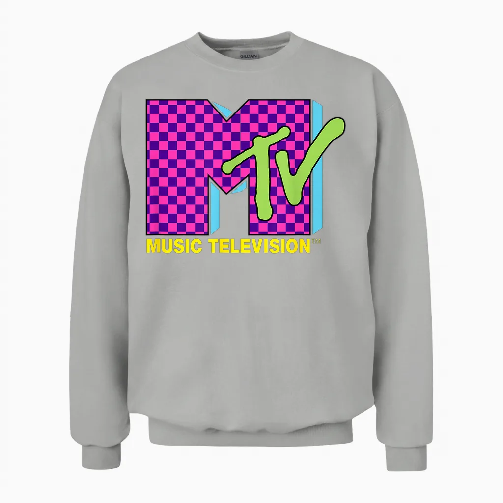 Mtv Music Television Retro 80's Neon Pink Checkerboard Logo Unisex Sweatshirt in Ash