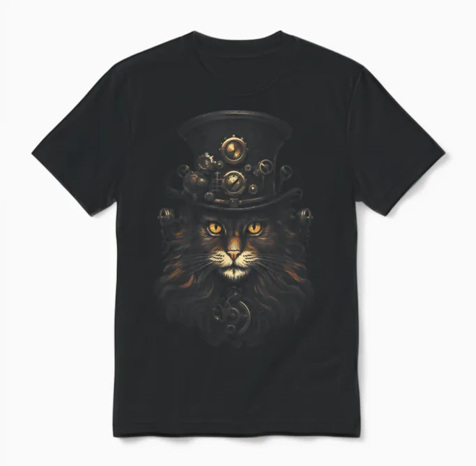 Steampunk Cat T-Shirt, Black Unisex T-Shirt in Black