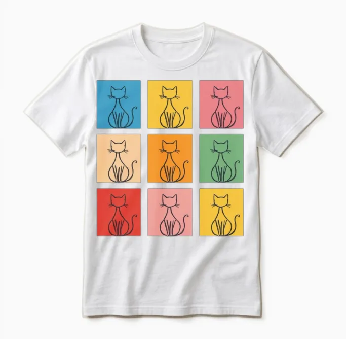 Colorful Cat Line Art Grid Lovers Unisex T-Shirt in White