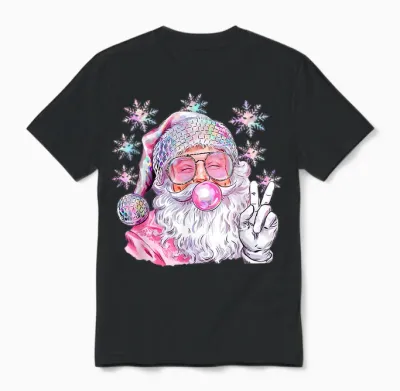 Vintage Retro Santa Christmas Pink Sunglasses Bubble Gum Unisex T-Shirt - Black
