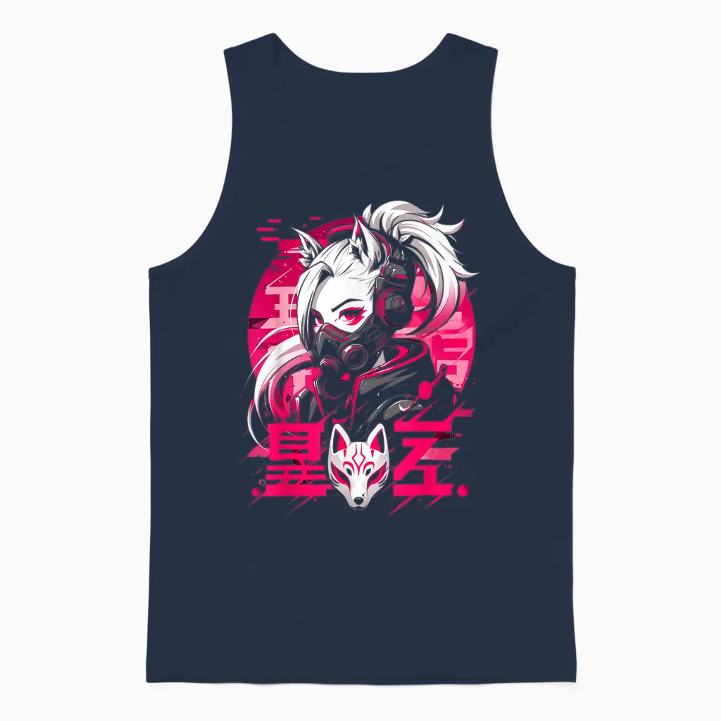 Anime Manga Cyberpunk Aesthetic Techwear Harajuku Kitsune T-Shirt, Black Unisex Tank Top in Navy