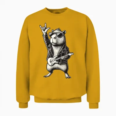 Rock and Heavy Metal Music, Capybara Rocker and Hand Guitar Rock Unisex Sweatshirt - Gold