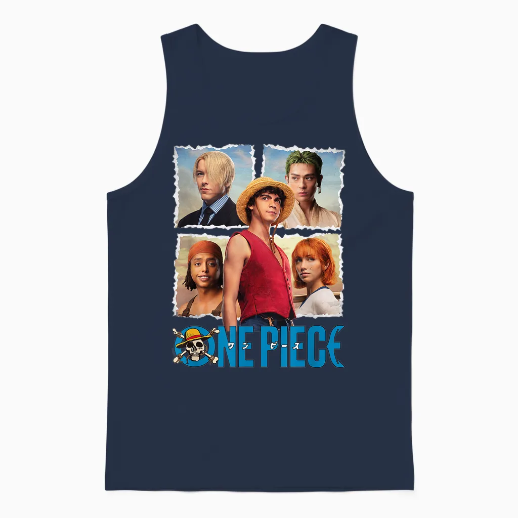 Children's One Piece Straw Hat Group T-Shirt, Blue Unisex Tank Top in Navy