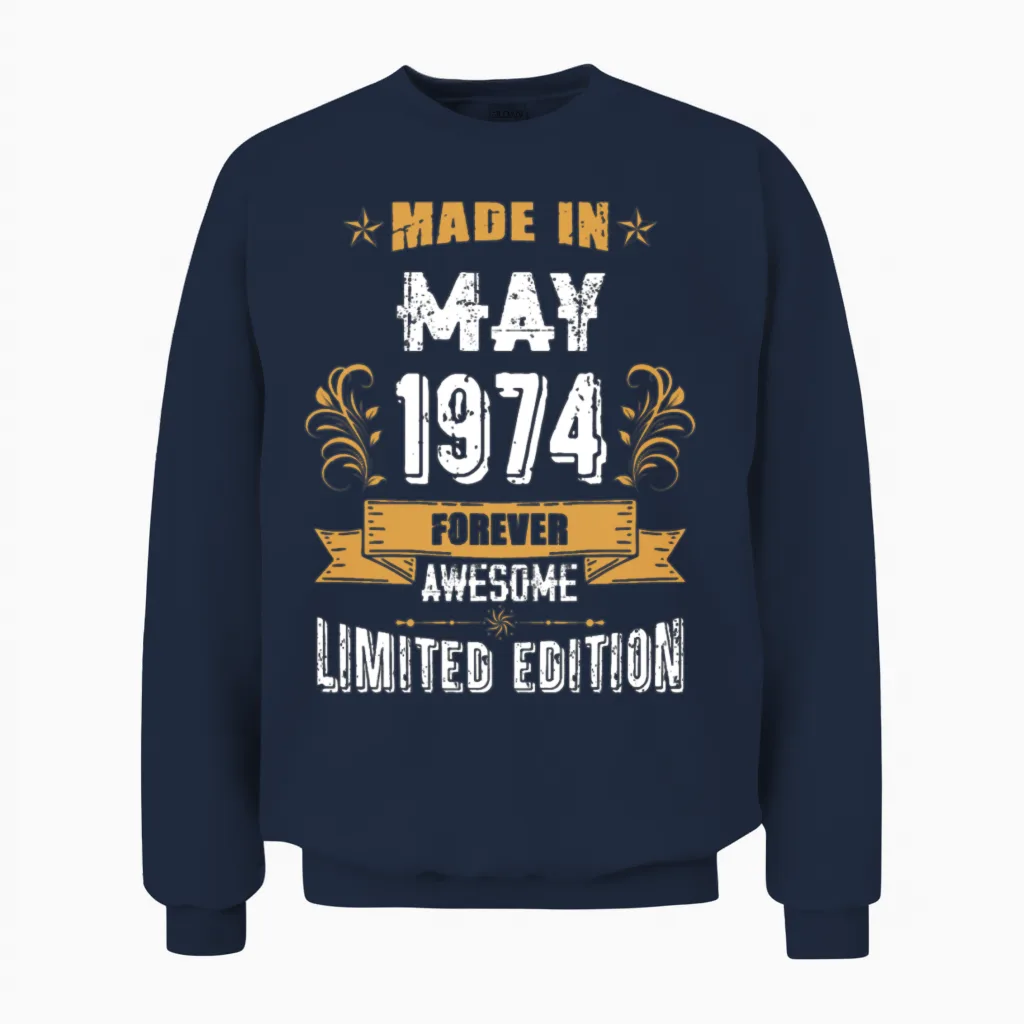 May 1974 Vintage Birthday Present Unisex Sweatshirt in Navy