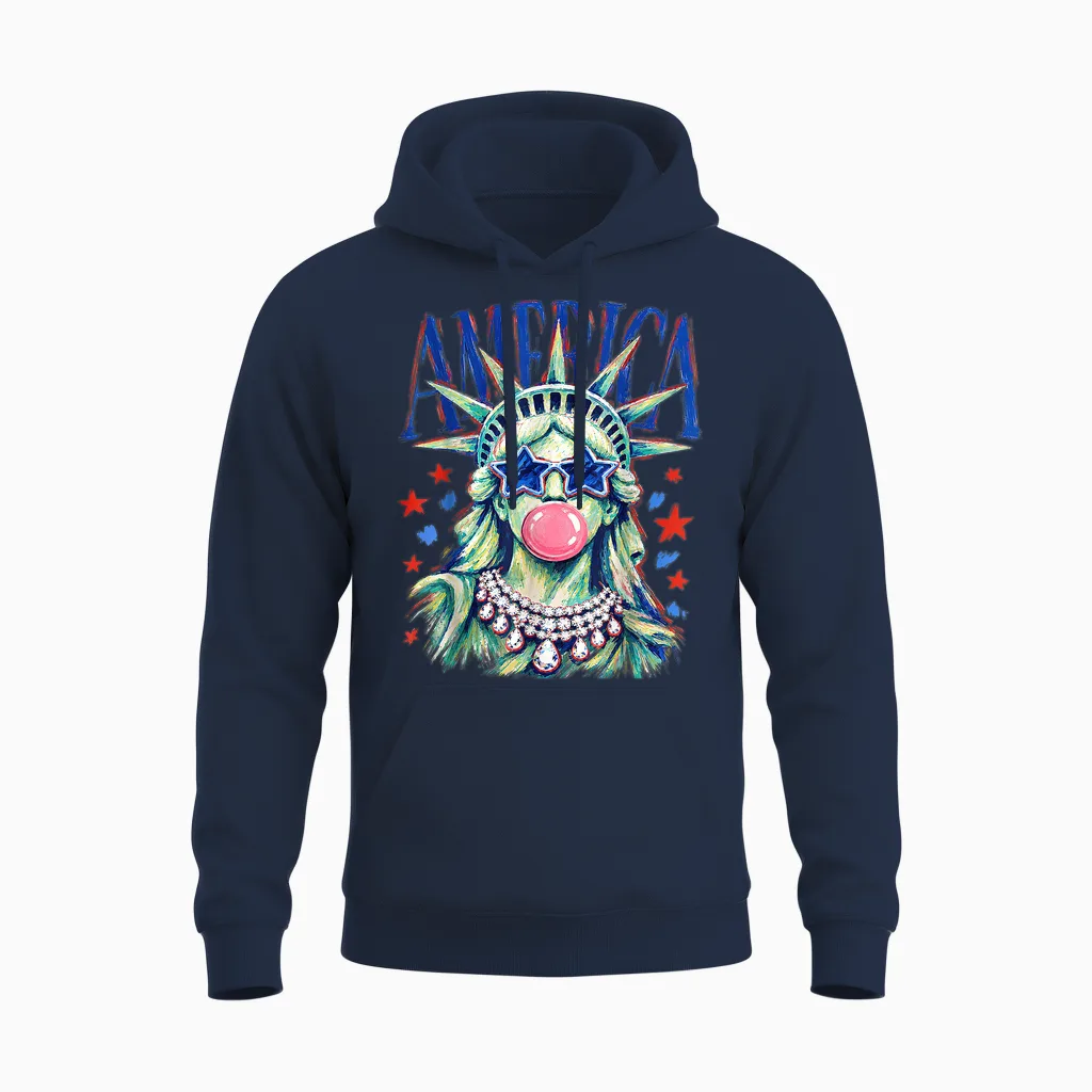 Statue of Liberty Blowing Bubble Preppy Brushstroke Usa Unisex Hoodie in Navy