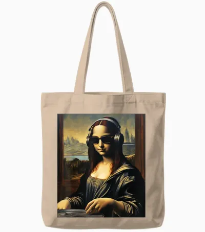 Mona Lisa in Dj | Trending Aesthetic Streetwear T-Shirt, Black, S Tote Bags - Natural