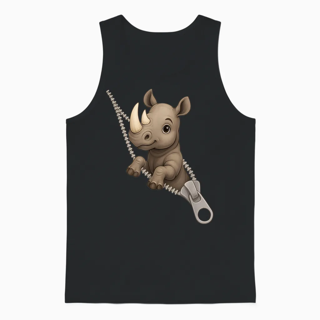 Funny Rhinoceros Rhino Zipper Cute Unisex Tank Top in Black