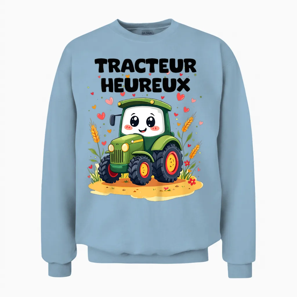 Child Tractor Happy Design Cute Kid 2 3 4 5 Years T-Shirt, Black, S Unisex Sweatshirt in Light Blue