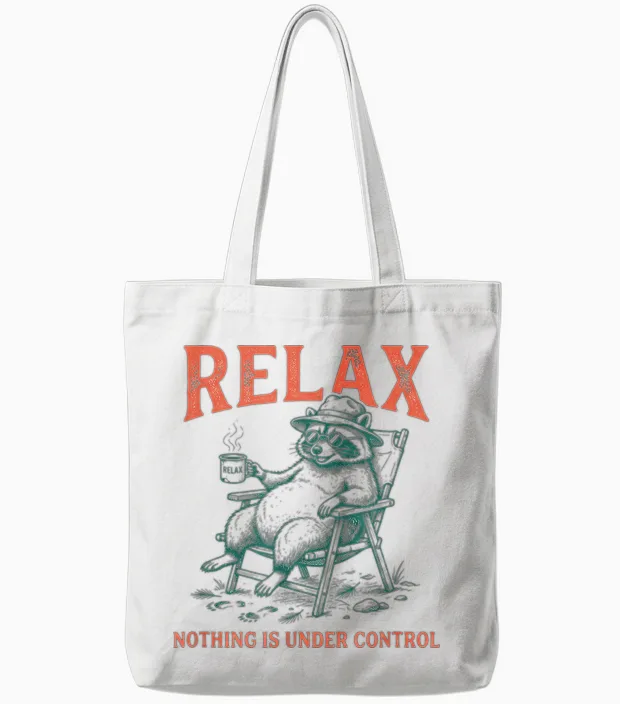 Relax Nothing Is Under Control Lustiger Waschbär Tote Bags in White