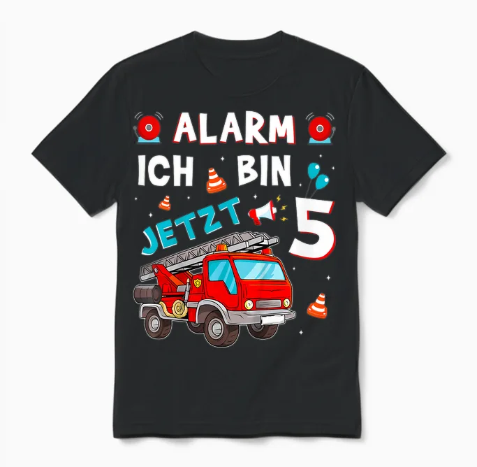 Children's 5th Birthday Boy Girl Fire Brigade Gifts Fire Engine T-Shirt, Black Unisex T-Shirt in Black