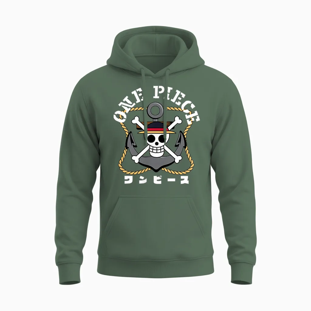 One Piece Anime Front and Back Anchor Logo and Crew Items Unisex Hoodie in Military Green