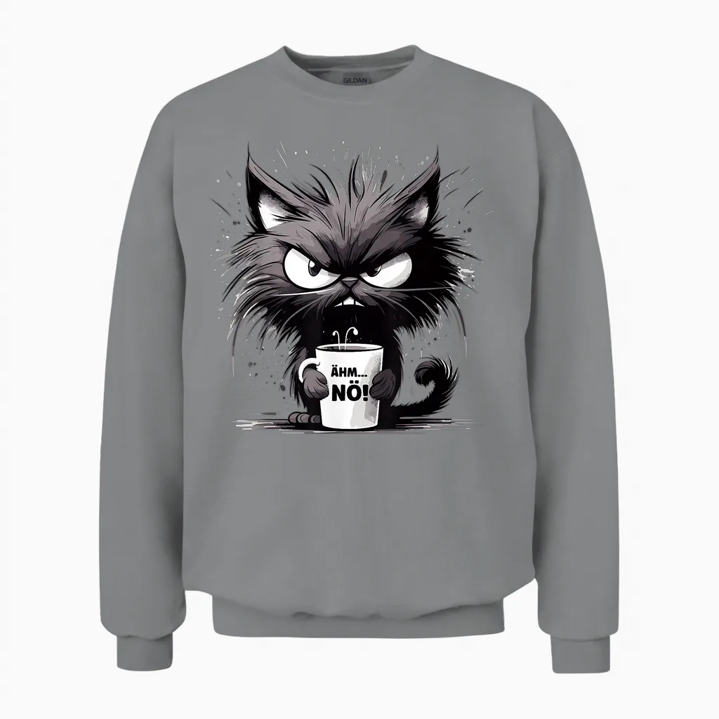 ähm Nö, Lustige Schwarze Katze Mit Tasse Kaffee Unisex Sweatshirt in Sport Grey