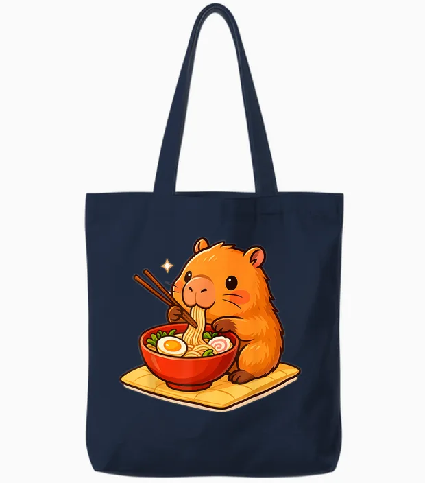 Kawaii Cute Capybara Eating Japanese Ramen Noodles Anime Tote Bags in Navy