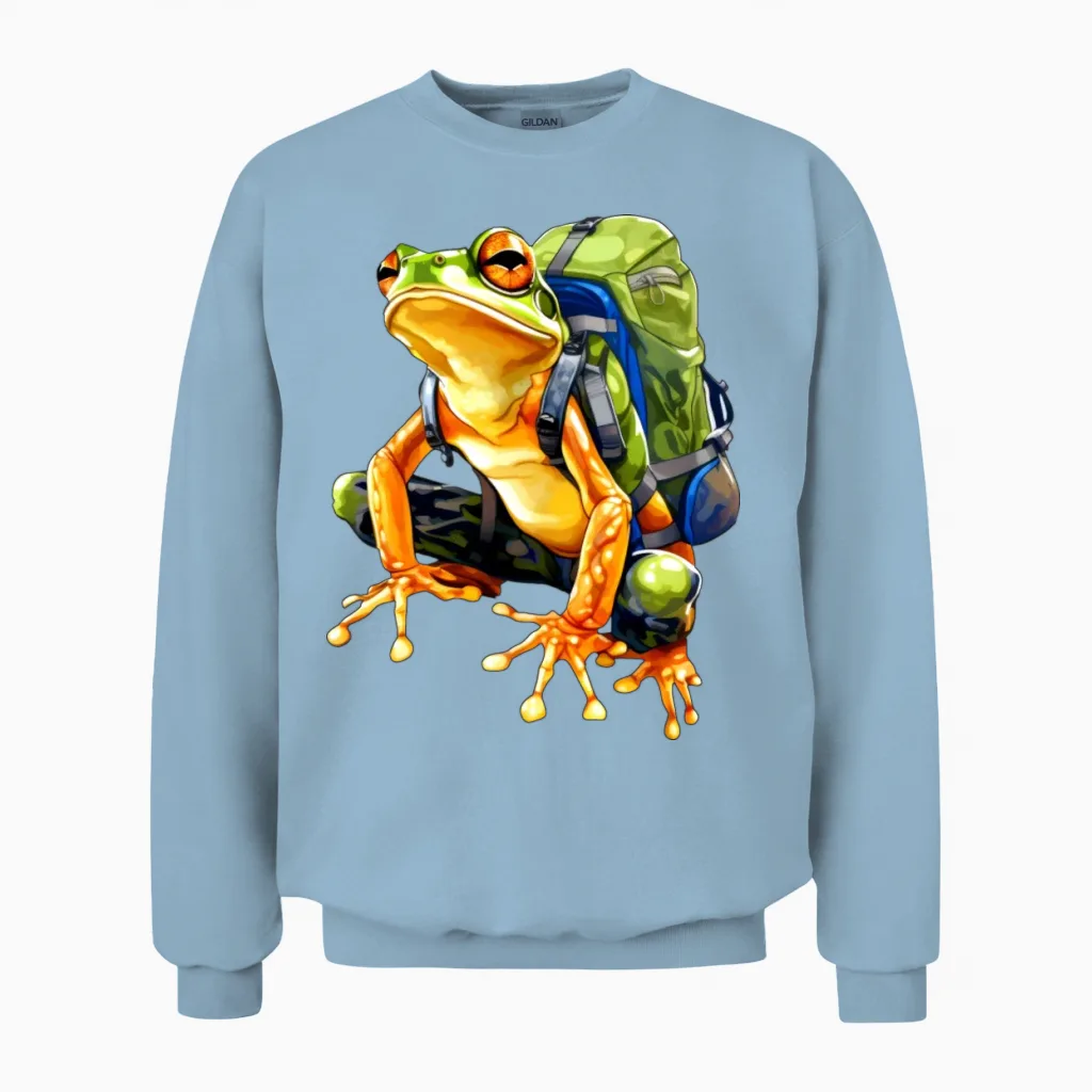 Frog Mountaineer / Hiking Frogs Unisex Sweatshirt in Light Blue