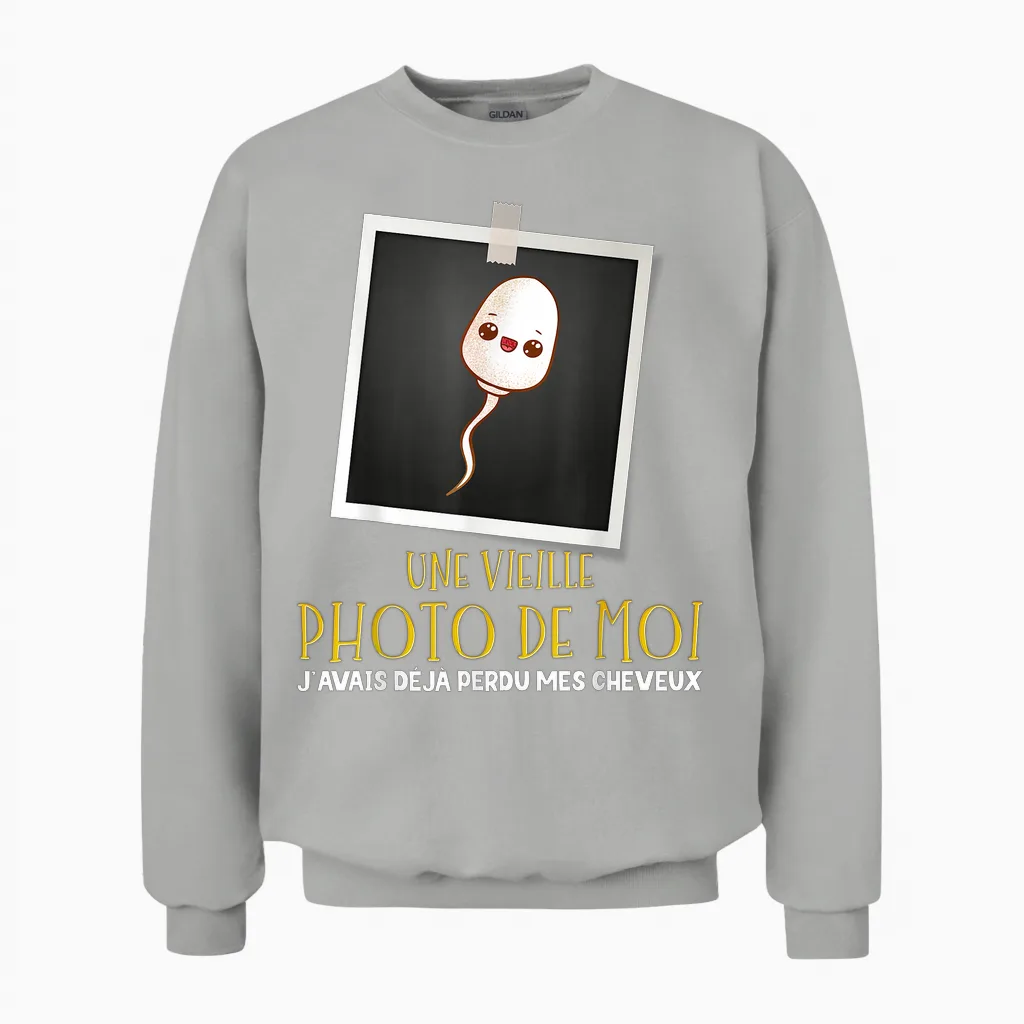 Bald Man Super Gift Funny Old Photo of Me T-Shirt, Black, S Unisex Sweatshirt in Ash