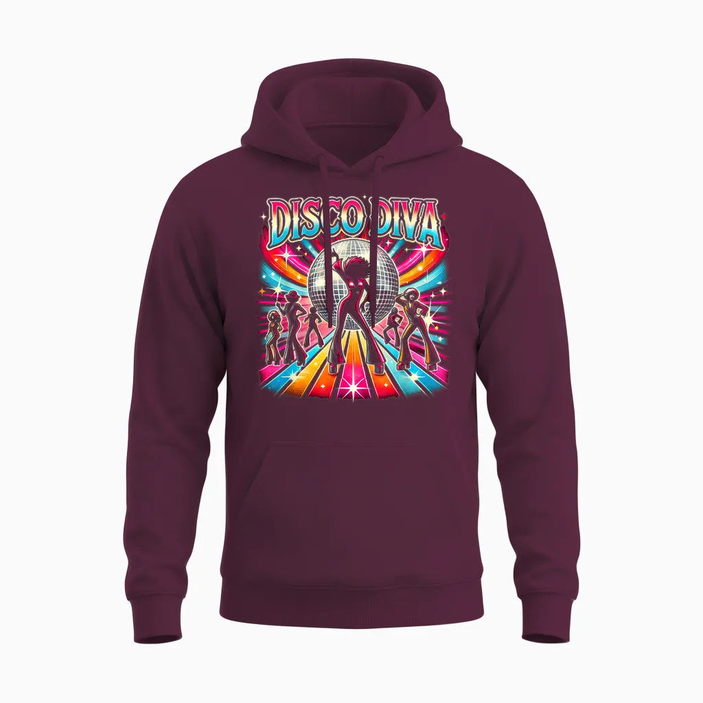 Ball Disco Diva Queen, 70s Retro Vintage Dancing T-Shirt, Black, S Unisex Hoodie in Maroon