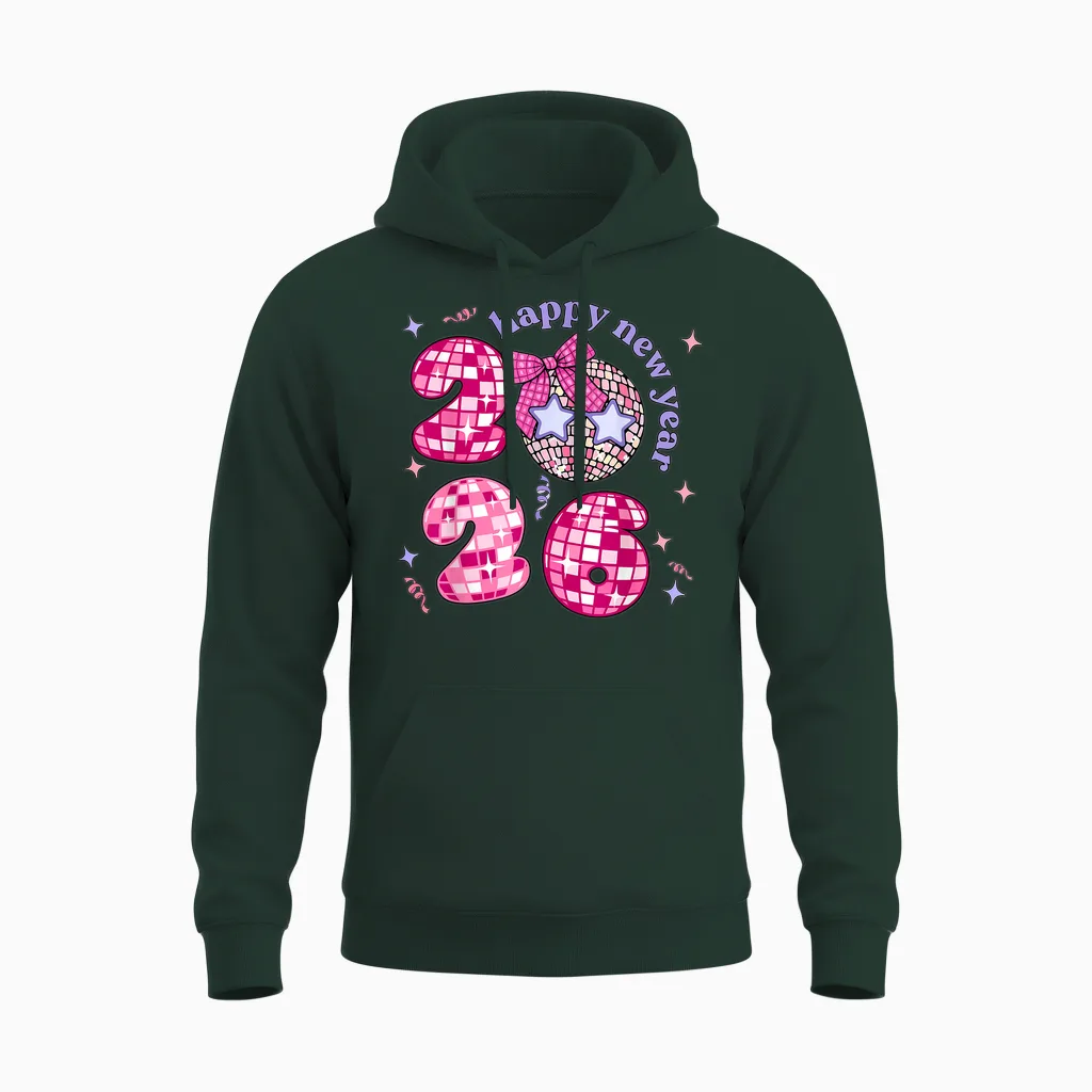 Groovy Happy New Year Party 2026 Girls Unisex Hoodie in Forest