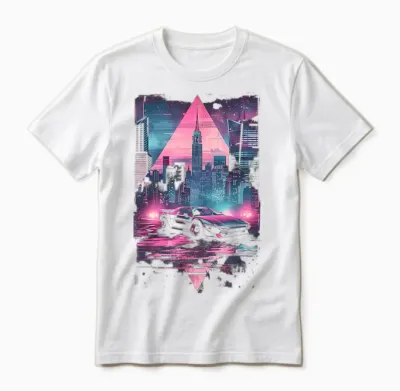 1980s 1990s Retro Car Retrowave Aesthetic with City Skyline Unisex T-Shirt - White