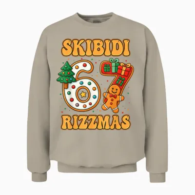 Skibidi 67 Rizzmas Funny Six Seven Meme Christmas Boys Girls Unisex Sweatshirt - Sand
