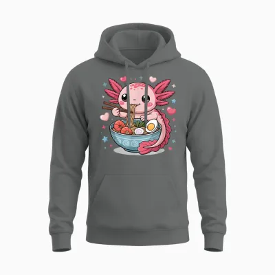 Axolotl Eats Ramen Noodles Super Cute Motif Axolotl Unisex Hoodie - Graphite Heather