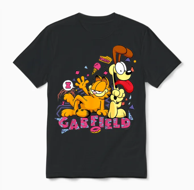 Kids Garfield and Odie Snack Art Retro 90s Unisex T-Shirt in Black