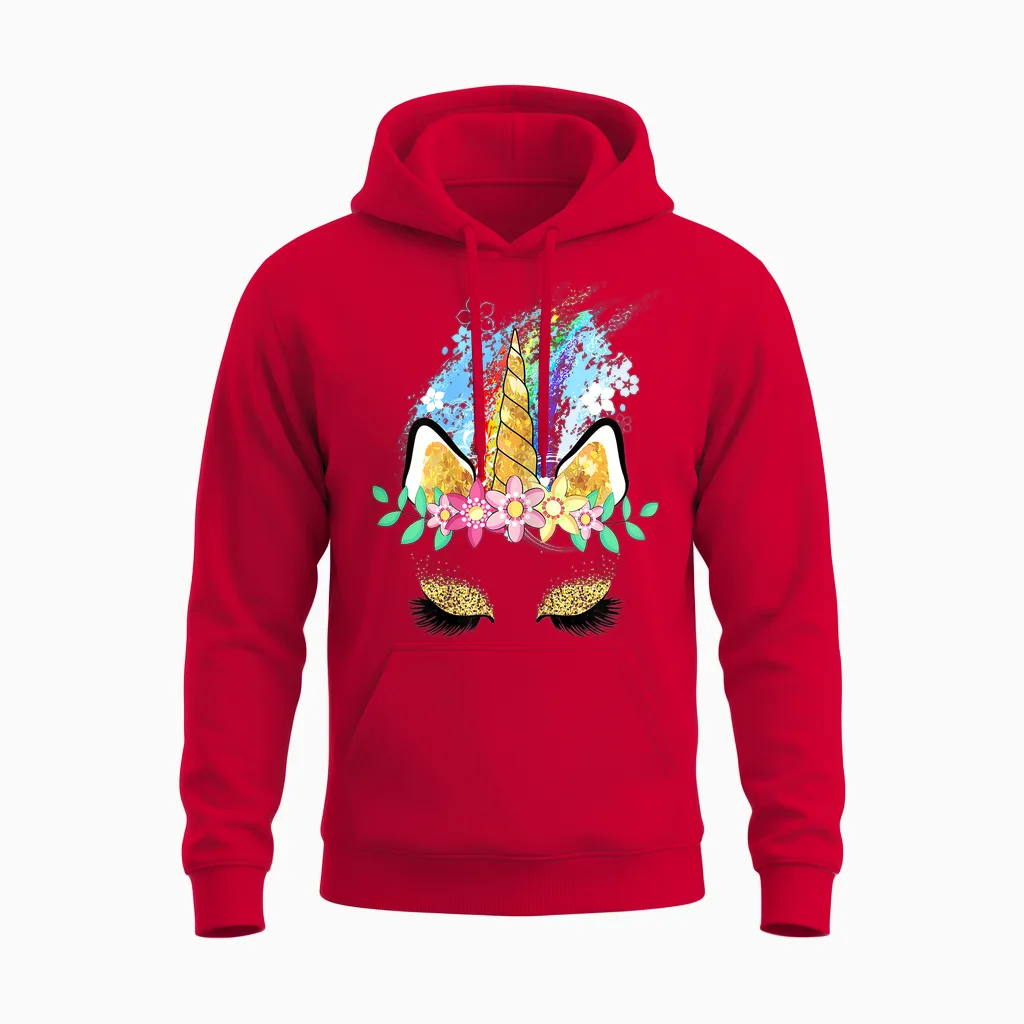 Einhorn Gesicht Regenbogen Frühling Ostern Blumen T-Shirt, White Unisex Hoodie in Red