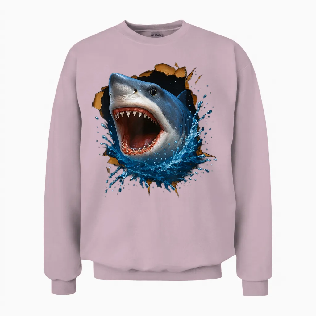 Toller Weißer Hai, Zerrissener Stoff, Lustige 3d-Grafik Unisex Sweatshirt in Light Pink