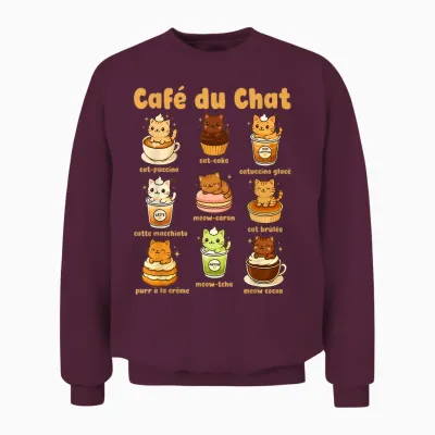 Café Du Chat Cute Cats Coffee Pun Kawaii Drink Art Unisex Sweatshirt - Maroon