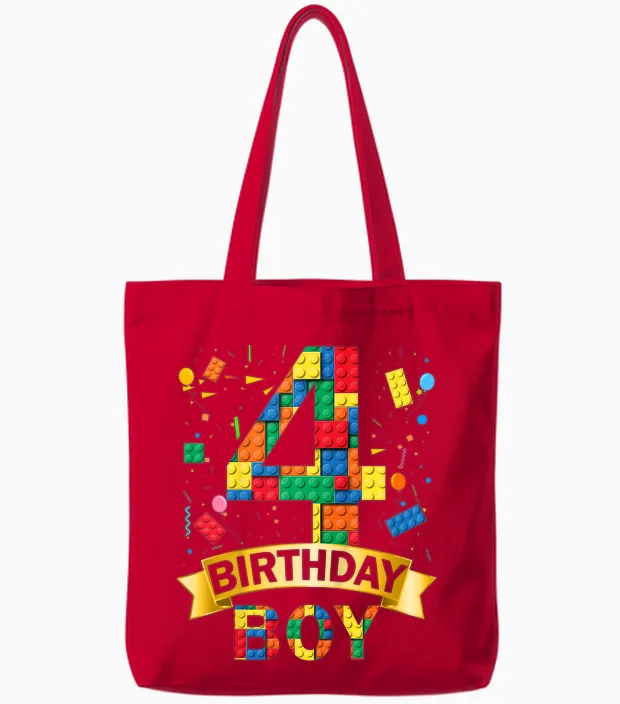Kinder 4rd Birthday Boy 4 Year Old Building Blocks 4th Birthday Boy Tote Bags in Red