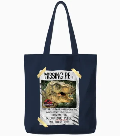 Jurassic Park Missing Pet T-Rex Poster Taped Tote Bags - Navy