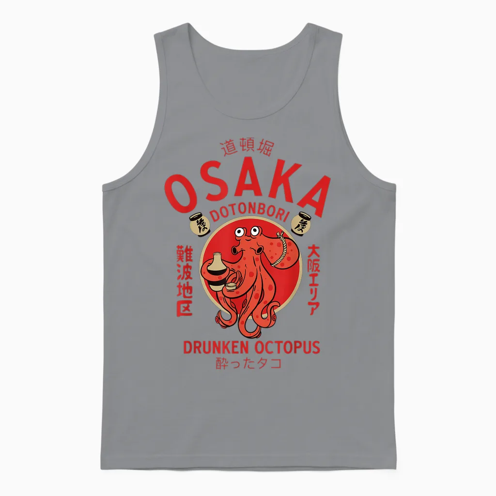 Osaka Japan Dotonbori Drunk Octopus T-Shirt, Black, S Unisex Tank Top in Sport Grey