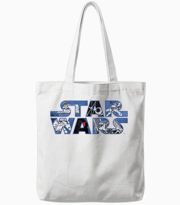 Star Wars Logo Millennium Falcon and Death Star Tote Bags in White