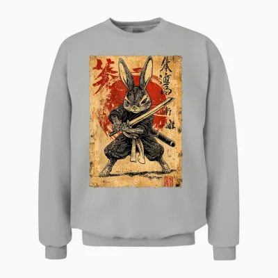 Funny Vintage Art Japanese Rabbit Ninja Samurai Warrior T-Shirt, Black, S Unisex Sweatshirt - Ash