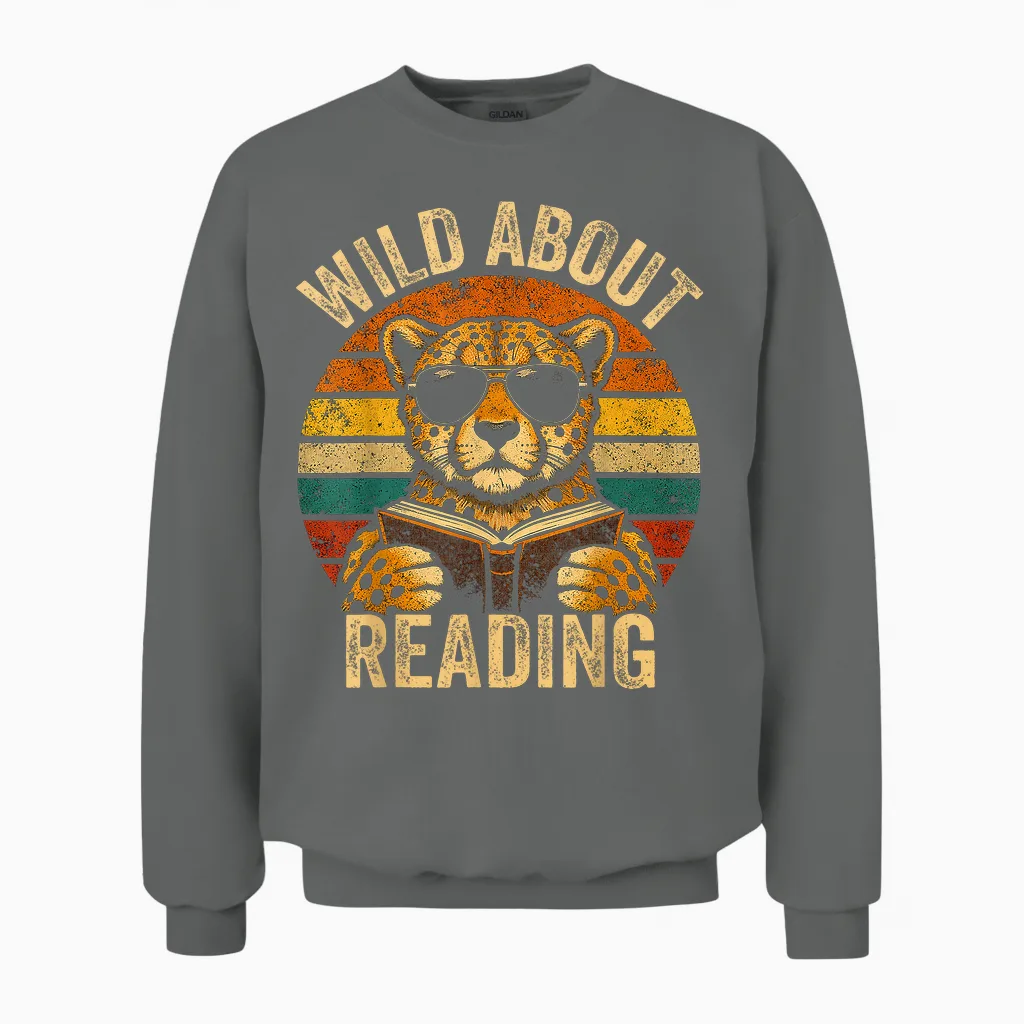 Boys Animal Print Clothes Wild About Reading Cheetah Book Unisex Sweatshirt in Graphite Heather