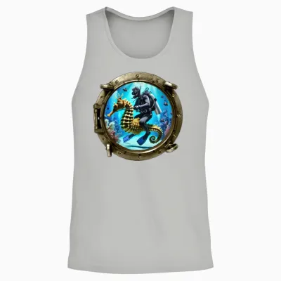 Porthole View of Scuba Diver Riding a Seahorse Urm Unisex Tank Top - Ash